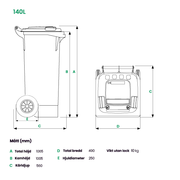 Avfallskärl 140 liter, ventilerat, brun, mellanbotten